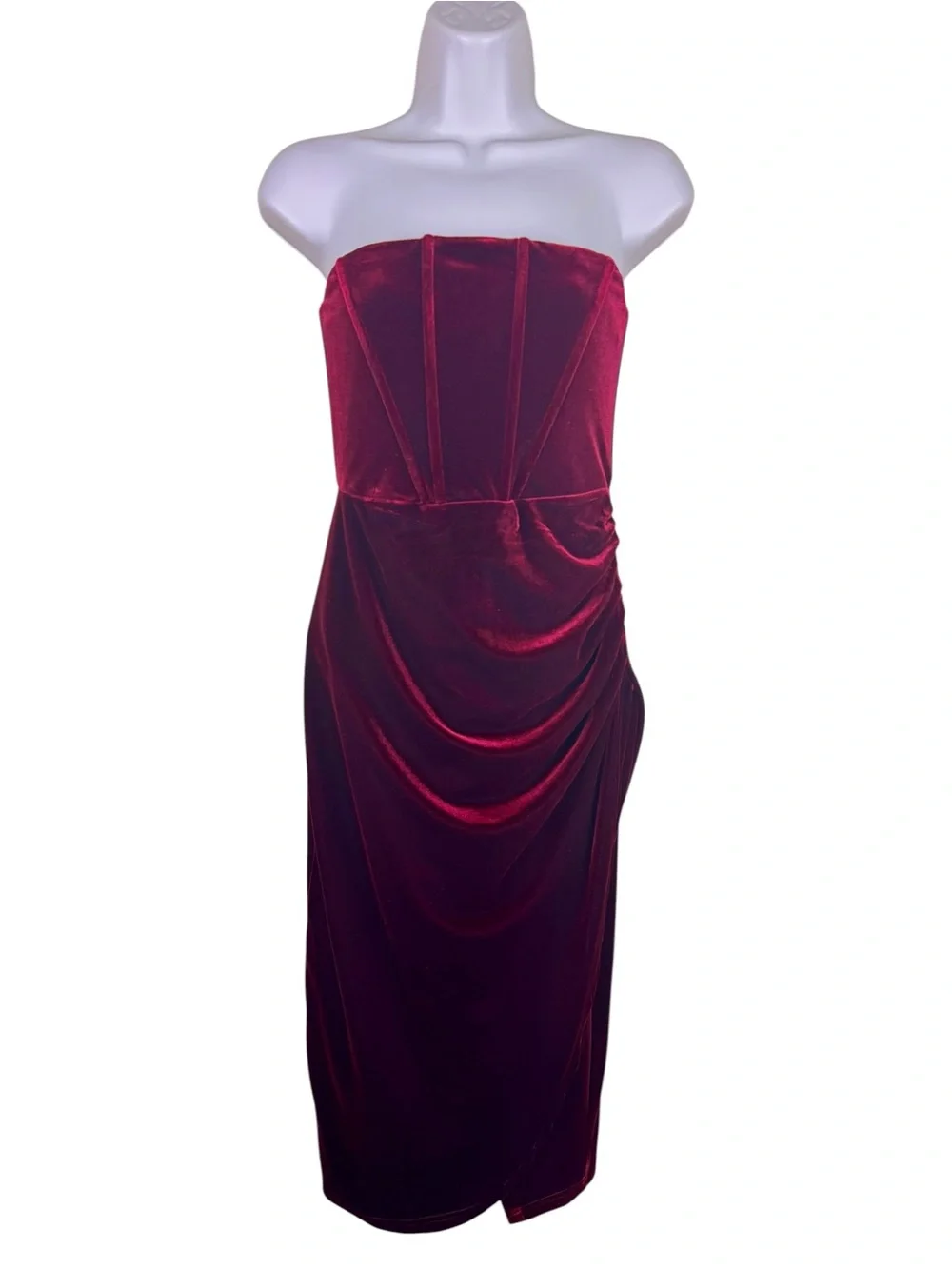 Lulus Glamorous Celebrations Wine Velvet Strapless Tulip Midi Dress S - Picture 2 of 10